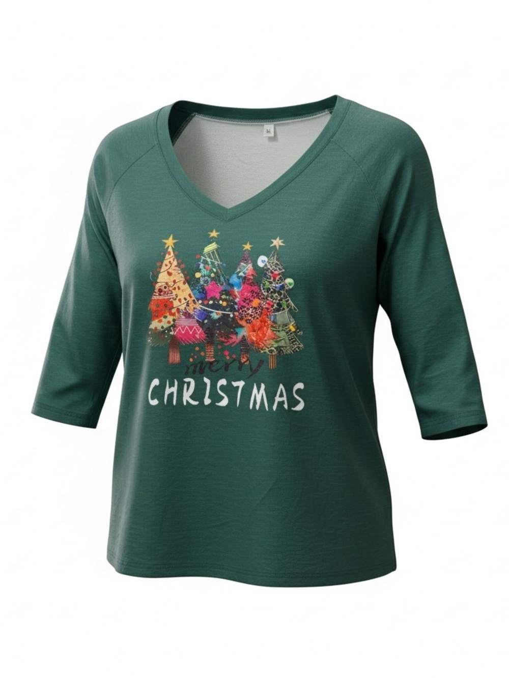Merry Christmas Green V-Neck Women's Top